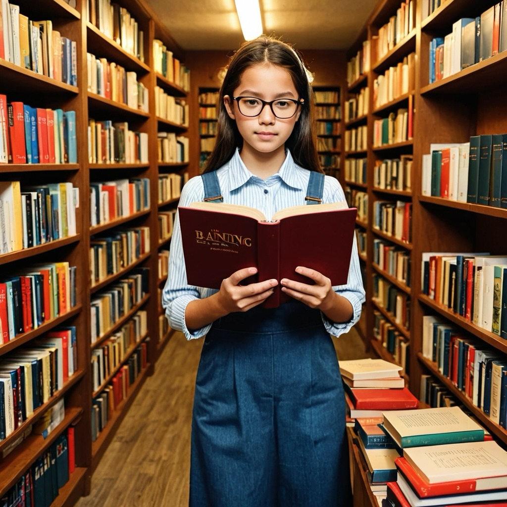 elementary school student reading a book in the library