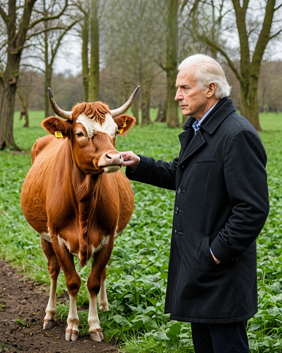 photograph of a man standing next to a cow in a forest